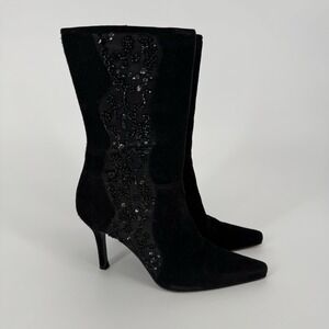 Vintage Stuart Weitzman Black Suede Leather‎ Beaded Mesh Heeled Boots Size 6.5B